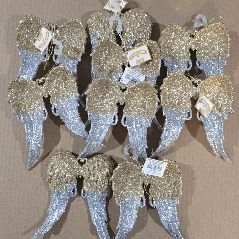 Gold and Silver Glitter Angel Wings Ornaments